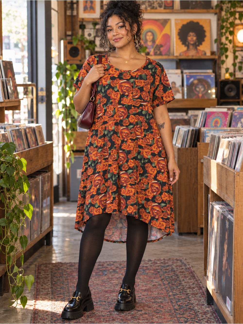 Lularoe High-Low Rose Print Dress in Rust